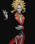  1boy absurdres black_background black_sclera blonde_hair boku_no_hero_academia bow bowtie colored_sclera gloves grin hand_up highres looking_at_viewer male_focus medium_hair messy_hair pale_skin red_meat_sauce skeleton smile solo standing thick_eyebrows white_gloves yagi_toshinori yellow_bow yellow_bowtie 