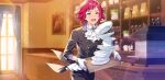  1boy afterl!fe androgynous blue_eyes blush butler crying formal gloves highres long_sleeves male_focus official_art open_mouth pink_hair plate quincy_(afterl!fe) second-party_source short_hair solo suit tailcoat tearing_up tripping 