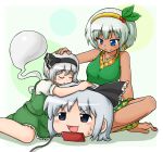  2girls asatsuki_(cookie) bangs biim_(cookie) black_bow black_eyes black_hairband blue_eyes blush bob_cut bow bow_hairband breasts cleavage closed_eyes closed_mouth collared_shirt commentary_request controller cookie_(touhou) dark-skinned_female dark_skin earrings eska_(cookie) feet_out_of_frame frilled_skirt frills full_body game_controller gold_hairband green_skirt green_vest grey_hair hairband hand_on_another&#039;s_head hoop_earrings jewelry knb_(nicoseiga53198051) konpaku_youmu konpaku_youmu_(ghost) large_breasts multiple_girls open_mouth puffy_short_sleeves puffy_sleeves shirt short_hair short_sleeves skirt skirt_set sleeveless sleeveless_shirt smile touhou vest white_shirt yukkuri_shiteitte_ne 