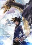  1boy absurdres bangs black_hair coat dragon duel_academy_uniform_(yu-gi-oh!_gx) duel_disk duel_monster feet_out_of_frame from_side gogoshitai hair_between_eyes highres light_and_darkness_dragon long_sleeves looking_to_the_side male_focus manjoume_jun school_uniform shirt snow solo spiked_hair standing yu-gi-oh! yu-gi-oh!_gx 