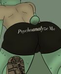  absurd_res anthro butt clothed clothing digital_drawing_(artwork) digital_media_(artwork) flippy_(htf) flippyroll fur green_body green_fur happy_tree_friends hi_res humanoid male mammal simple_background solo text ursid 