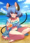  1girl animal_ears barefoot beach blue_sky cat_tail cloud cloudy_sky day horizon mouse_ears mouse_tail nazrin ocean outdoors sand sky swimsuit tail take_no_ko_(4919400) touhou 