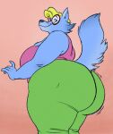  anthro big_breasts big_butt biped blonde_hair blue_body blue_fur bottomwear breasts butt canid canine canis chubby_anthro chubby_female clothed clothing eyewear female fully_clothed fur galacticgoodie glasses hair hi_res huge_butt looking_at_viewer mammal mature_anthro mature_female nickelodeon pants pink_background rocko&#039;s_modern_life shirt side_view simple_background slightly_chubby smile solo thick_thighs topwear virginia_wolfe wolf 