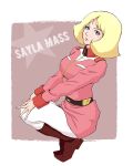  1girl belt blonde_hair boots breasts full_body gundam highres looking_at_viewer miki_(miki125dragon) military military_uniform mobile_suit_gundam open_mouth pantyhose purple_eyes sayla_mass short_hair skirt solo uniform 