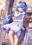  1girl :d absurdres ahoge alternate_costume arm_behind_back bag bakery bangle bell black_ribbon blue_hair blush bracelet bread breasts clothes_lift commentary contemporary day door english_commentary falling_petals feet_out_of_frame food frilled_shirt frilled_skirt frills ganyu_(genshin_impact) genshin_impact glass_door goat_horns gradient_eyes hand_on_own_chest hand_up handbag highres horns jewelry keypad kumori_kaiga long_hair looking_at_viewer medium_breasts multicolored_eyes neck_bell petals ponytail purple_eyes ribbon shirt shop short_sleeves shoulder_bag skirt skirt_lift smile solo standing thighs watch white_skirt wind wind_lift wristwatch 