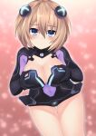  1girl alternate_breast_size ass_visible_through_thighs black_gloves black_leotard blanc_(neptune_series) blue_eyes blush breast_fondle breast_squeeze breasts brown_hair cleavage cleavage_cutout clothing_cutout commentary_request cosplay covered_navel cowboy_shot d-pad d-pad_hair_ornament elbow_gloves frown gloves hair_between_eyes hair_ornament hands_up highres katade large_breasts leaning_forward leotard looking_at_viewer medium_breasts medium_hair neptune_(series) purple_heart purple_heart_(cosplay) self_fondle skin_tight solo thigh_gap thighs 