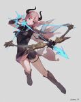 1girl aiming archery armor armpits arrow_(projectile) artist_name bangs belt black_bodysuit bodysuit boots bow_(weapon) breasts commentary_request commission covered_navel drawing_bow eyelashes full_body gauntlets green_eyes highres holding holding_bow_(weapon) holding_weapon horns impossible_bodysuit impossible_clothes long_hair medium_breasts original parted_lips pink_hair shiny shiny_hair shoulder_armor simple_background skeb_commission skin_tight solo sooon swept_bangs thigh_strap weapon white_background 