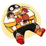  3boys amajiki_tamaki black_hair black_mask black_pants boku_no_hero_academia boots closed_eyes commentary_request eye_mask fat fat_gum_(boku_no_hero_academia) fat_man full_body gloves hood hood_up hooded_jacket hug jacket kirishima_eijirou knee_pads korean_commentary long_sleeves lying lying_on_person male_focus meteoricher multiple_boys on_back pants red_gloves red_hair short_hair simple_background smile spiked_hair twitter_username white_background yellow_jacket zipper_pull_tab 