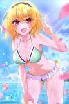  1girl :d absurdres bikini black_hairband blonde_hair blue_sky bow breasts commentary_request fang frilled_bikini frills green_bikini hairband highres higurashi_no_naku_koro_ni houjou_satoko large_breasts leaning_forward looking_at_viewer mizuno374 ocean petals red_eyes short_hair sky smile solo swimsuit v yellow_bow 