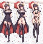  1girl arm_behind_head arm_up armpits bangs bare_shoulders black_choker black_dress black_hair black_thighhighs blush bra breasts cameltoe choker cleavage closed_mouth collarbone crotchless crotchless_panties cupless_bra dagger dakimakura_(medium) detached_collar dress frilled_pillow frills garter_belt hair_between_eyes hairband heart heart_pillow highres knife lace lace-trimmed_legwear lace_bra lace_panties lace_trim large_breasts lingerie lipstick long_hair looking_at_viewer lying makeup multiple_views nail_polish navel nipples no_shoes on_back on_bed panties parted_lips petals pillow pink_nails pussy red_eyes sidelocks smile spread_pussy spy_x_family stiletto_(weapon) sweatdrop thighhighs uncensored underwear undressing washout008 weapon yellow_hairband yor_briar 