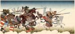  6+boys armor banner border brown_hair charging_forward chest_armor clenched_teeth closed_mouth commentary english_commentary facial_hair from_side gloves grass helmet holding holding_weapon horse multiple_boys naginata official_art polearm roland_macdonald running sashimono shoulder_armor silhouette sitting soldier spear striped teeth total_war:_shogun_2 weapon white_border yari 