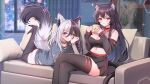  2girls :3 absurdres animal_ear_fluff animal_ears bare_shoulders black_choker black_hair black_shirt black_skirt black_thighhighs breasts cat_ears cat_girl cat_tail choker cleavage closed_mouth commission couch crop_top crossed_legs cup detached_sleeves fox_ears fox_girl fox_tail grey_shirt highres holding jirafuru lanfear large_breasts long_hair long_sleeves looking_at_viewer lying midriff miniskirt mug multicolored_hair multiple_girls nail_polish navel on_stomach pleated_skirt purple_eyes red_choker red_eyes ribbon_choker second-party_source shirt sitting skirt smile stomach tail thighhighs torn_clothes torn_shirt two-tone_hair very_long_hair vrchat white_hair zettai_ryouiki 