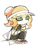 1girl closed_mouth commentary full_body long_hair mota octoling orange_hair pointy_ears simple_background solo splatoon_(series) suction_cups symbol-only_commentary tentacle_hair visor_cap white_background 