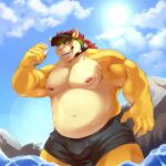  2022 absurd_res anthro barazoku baseball_cap belly biceps big_muscles bowser bulge claws clothed clothing cloud collar day hair hat headgear headwear hi_res holding_object horn koopa looking_at_viewer male mario_bros musclegut muscular muscular_anthro muscular_male narrowed_eyes navel nintendo nipples non-mammal_nipples open_mouth open_smile outside partially_submerged pecs rock scalie signature smile solo spiked_collar spikes standing sun teeth tongue topless topless_anthro topless_male trashyfuri underwear video_games water wet wet_body 