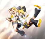  1boy 1girl absurdres arms_up bangs belt black_shorts blonde_hair blush bow_hairband brother_and_sister crop_top detached_collar glint green_eyes grey_shorts grin groin hair_ornament hairband hairclip headset highres holding_hands huge_0330 jumping kagamine_len kagamine_rin leg_warmers looking_at_viewer microphone midriff navel neckerchief necktie open_mouth sailor_collar shirt shoes short_hair shorts siblings sleeveless sleeveless_shirt smile twins vocaloid white_footwear white_shirt yellow_neckerchief yellow_necktie 