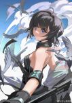  1girl arknights backless_outfit bangs bare_back bare_shoulders bird black_hair blue_sky breasts chinese_commentary cloud commentary_request day highres infection_monitor_(arknights) la_pluma_(arknights) looking_at_viewer purple_eyes short_hair sky small_breasts solo upper_body zhishibaibaibai 