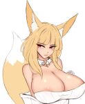  1girl animal_ear_fluff animal_ears bangs blonde_hair breasts center_opening cleavage fox_ears fox_girl fox_tail kitsune krass large_breasts looking_at_viewer mole mole_under_eye nipples original red_eyes revealing_clothes simple_background sketch solo tail white_background 
