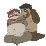  1:1 2022 angry anthro ball_gag blush brown_body brown_fur canid canine collar duo fur gag giant_panda jackboot_ihi leash male male/male mammal nipples overweight raccoon_dog sitting tanuki ursid white_body white_fur young 