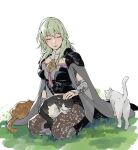  1girl abinosu0903 armor boots breasts byleth_(fire_emblem) byleth_(fire_emblem)_(female) cat fire_emblem fire_emblem:_three_houses green_hair headpat jacket lap_pillow large_breasts pantyhose shorts shoulder_armor sitting smile 