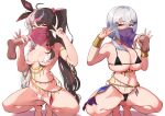  2girls absurdres ahoge arabian_clothes armlet ass_visible_through_thighs bangs bar_censor belly_chain bikini black_bikini black_bow black_hair blush bow bracer breasts censored cowgirl_position dancer disembodied_penis fellatio fellatio_under_mask gem gold grey_hair hair_bobbles hair_bow hair_ornament hairclip hakase_fuyuki handjob harem_outfit hetero highres jewelry large_breasts licking licking_penis long_hair looking_at_viewer low_twintails mask medium_breasts micro_bikini mouth_veil multicolored_hair multiple_girls navel necklace nijisanji open_mouth oral penis pussy_juice red_eyes red_hair see-through simple_background skindentation smile split-color_hair spread_legs squatting straddling streaked_hair string_bikini swimsuit thighs tongue tongue_out twintails two-tone_hair v veil velceed very_long_hair virtual_youtuber white_background white_bikini white_hair yorumi_rena 