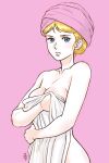  1girl aobito_sukayaka_bystander blonde_hair blue_eyes breasts cleavage closed_mouth gundam highres looking_at_viewer mobile_suit_gundam naked_towel sayla_mass short_hair simple_background solo towel 