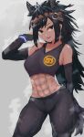  1girl abs absurdres adeshi_(adeshi0693119) animal_costume animal_ear_fluff animal_ears black_eyes black_hair brown_thoroughbred_(kemono_friends) dark-skinned_female dark_skin elbow_gloves gloves highres horse_ears horse_girl horse_tail kemono_friends kemono_friends_3 long_hair looking_at_viewer muscular open_mouth pants shirt simple_background sleeveless sleeveless_shirt smile solo sweat tail 