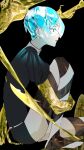  1other androgynous aqua_eyes aqua_hair arm_around_leg bangs belt black_background black_shirt black_shorts collared_shirt colored_eyelashes colored_skin expressionless from_side gem_uniform_(houseki_no_kuni) glowing glowing_hair gold golden_arms half-closed_eyes highres houseki_no_kuni knee_up liquid melting molten molten_metal parted_bangs parted_lips phosphophyllite puffy_short_sleeves puffy_sleeves shiny shiny_hair shirt short_hair short_shorts short_sleeves shorts simple_background sitting solo striped white_belt white_shirt white_skin ymym_gy012 