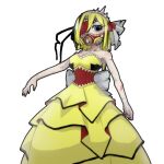 1girl antennae back_bow bangs blonde_hair blue_eyes blush bow corset covered_mouth dress extra_mouth gown hair_ribbon huyusaki_taiga lobotomy_corporation long_hair missing_eye nail_polish one-eyed outstretched_arm personification project_moon queen_bee_(lobotomy_corporation) respirator ribbon scar scar_on_arm solo strapless strapless_dress tiara underbust 