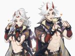  1boy 1girl abs arataki_itto belt black_nails blush bodypaint breasts ear_piercing facepaint fangs fingernails genderswap genderswap_(mtf) genshin_impact grey_hair grin heart heart_hands horns japanese_clothes large_breasts long_hair looking_at_viewer multicolored_hair o-ring one_eye_closed oni_yakisoba open_mouth orange_eyes piercing ponytail red_hair red_horns sharp_fingernails simple_background smile toned toned_male twitter_username upper_body vision_(genshin_impact) 