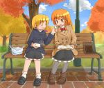  1boy 1girl autumn_leaves azusa_(cookie) bag bangs baozi bench black_footwear black_jacket black_skirt blonde_hair blue_sky blush boots bow bowtie braid breasts brown_coat brown_footwear buttons closed_eyes cloud coat commentary_request cookie_(touhou) day feeding food frilled_skirt frills full_body genderswap genderswap_(ftm) hat hat_bow jacket kirisame_marisa knb_(nicoseiga53198051) loafers long_hair long_sleeves open_mouth orange_eyes orange_hair otoko_no_ko outdoors pink_bow red_bow red_bowtie rei_(cookie) shoes short_hair single_braid sitting skirt sky small_breasts smile socks touhou tree white_bow white_socks 