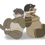  1:1 2022 anthro belly blush bodily_fluids bound brown_body canid canine duo giant_panda jackboot_ihi male mammal navel nipples overweight raccoon_dog rope sad sitting sweat tanuki ursid white_body 