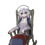  1girl bags_under_eyes bangs black_eyes blanket blush chair collared_shirt grey_hair hat huyusaki_taiga lobotomy_corporation long_sleeves medium_hair mob_cap old_lady_(lobotomy_corporation) parted_lips personification project_moon rocking_chair round_eyewear shawl shirt shirt_under_dress sitting solo 