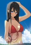  1girl absurdres armpit_crease armpits asakura_nuruma bikini bikini_top_only black_hair blue_eyes blush breasts cleavage cloud highres long_hair looking_at_viewer medium_breasts navel red_swimsuit sakurajima_mai seishun_buta_yarou smile swimsuit water 