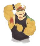  0rang3 2022 absurd_res anthro armpit_fetish armpit_hair barazoku beard biceps big_muscles bodily_fluids body_hair bottomwear bowser bracelet claws clothed clothing collar eyebrows facial_hair front_view hair hi_res horn huge_muscles jewelry koopa looking_at_viewer male mario_bros muscular muscular_anthro muscular_male nintendo obliques open_mouth open_smile pants pecs presenting presenting_armpit scalie shirt simple_background smile solo spiked_bracelet spiked_collar spikes sweat tank_top teeth topwear video_games white_background 