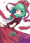  1girl absurdres arm_ribbon bangs bow closed_mouth dress frilled_bow frilled_ribbon frills front_ponytail green_eyes green_hair hair_bow hair_ribbon highres kagiyama_hina long_hair looking_at_viewer miz_(mizillustration) red_bow red_dress red_ribbon ribbon short_sleeves simple_background smile solo touhou white_background 