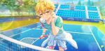  1boy afterl!fe blonde_hair blush closed_mouth ell_(afterl!fe) facing_viewer fingernails highres looking_to_the_side male_focus official_art playing_sports racket second-party_source short_hair solo tennis tennis_court tennis_racket yellow_eyes 