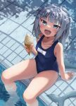  1girl absurdres bare_shoulders blue_eyes blue_swimsuit blush covered_navel fish_tail gawr_gura grey_hair happy highres hololive hololive_english ice_cream_cone kajitsu_no_hito long_hair multicolored_hair open_mouth pool school_swimsuit shark_tail short_twintails sitting smile solo streaked_hair swimsuit tail teeth tongue twintails upper_teeth virtual_youtuber wet 