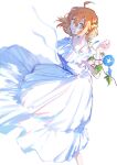  1girl :o ahoge blue_flower dress fate/grand_order fate_(series) feet_out_of_frame flower from_side fujimaru_ritsuka_(female) hair_between_eyes highres looking_at_viewer looking_to_the_side morning_glory off-shoulder_dress off_shoulder one_side_up orange_hair plant scrunchie short_hair simple_background solo spaghetti_strap uni_(nico02) vines white_background white_dress yellow_eyes 