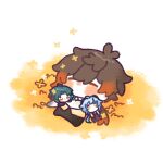  1girl 2boys bangs black_bodysuit blue_hair blush bodysuit brown_hair chibi closed_eyes flower ganyu_(genshin_impact) genshin_impact highres horns long_hair lying multicolored_hair multiple_boys on_back orange_flower orange_hair sleeping sxiaojun01282 very_long_hair xiao_(genshin_impact) younger zhongli_(genshin_impact) 