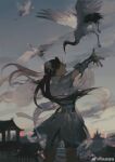  1girl absurdres bird blue_eyes blurry blurry_background cloud crane_(animal) dark double_bun dress flying gou_haihaihaihai hair_bun highres looking_up open_mouth original outstretched_arms rooftop sash solo spread_arms twintails white_dress 