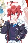 ahoge badge bangs blue_archive blue_eyes blue_necktie blush button_badge collared_shirt double_bun flame_tsukushi hair_bun halo hand_in_pocket hand_on_own_face id_card jacket long_sleeves looking_at_viewer maki_(blue_archive) necktie paint_on_clothes paint_splatter paint_splatter_on_face puffy_sleeves red_hair shirt short_hair sidelocks smiley_face sweater_vest upper_body white_shirt 