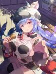  1girl :o bangs blue_hair blush breasts catura_(granblue_fantasy) cow_hat from_above granblue_fantasy highres ice_cream_cone large_breasts looking_at_viewer nino_(shira) outstretched_hand purple_eyes sitting solo thighhighs thighs wide_sleeves 