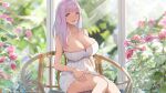  1girl azur_lane bare_arms bare_shoulders blush breasts cleavage dan-98 day flower highres large_breasts leaf long_hair looking_at_viewer parted_lips patreon_logo patreon_username pink_eyes pink_hair pixiv_logo pixiv_username plant plymouth_(azur_lane) red_flower shirt sitting skirt smile solo strapless strapless_shirt sunlight thighs white_shirt white_skirt window 