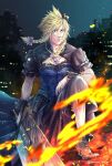  1boy black_flower black_footwear blonde_hair blue_corset blue_dress blue_eyes boots bow braid buster_sword city_lights cloud_strife corset crossdressing dress final_fantasy final_fantasy_vii final_fantasy_vii_remake fire fishnet_armwear flower frilled_dress frills hair_bow hair_flower hair_ornament high_heel_boots high_heels highres holding holding_sword holding_weapon leg_up long_dress long_hair male_focus official_alternate_costume pink_bow puffy_short_sleeves puffy_sleeves short_sleeves skyline solo spiked_hair sword twin_braids warori_anne weapon 