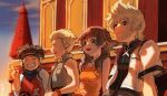  1girl 3boys black_hair blonde_hair blue_eyes blue_scarf breasts brown_hair closed_eyes gloves green_eyes grey_vest grin hair_between_eyes hair_slicked_back hayner headband highres jacket jersey jewelry kingdom_hearts kingdom_hearts_ii long_hair looking_afar looking_at_another medium_breasts multiple_boys nanpou_(nanpou0021) necklace olette open_mouth orange_tank_top outdoors pence plump pointing roxas scarf short_hair short_sleeves sitting smile spiked_hair tank_top teeth tower upper_body vest white_jacket 