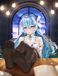  1girl absurdres bare_shoulders blue_hair blush book braid breasts easonx feet feet_on_table hair_ribbon highres indoors looking_at_viewer no_shoes open_book pantyhose parted_lips pink_hair ribbon small_breasts soles solo wooden_table 
