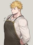  1boy absurdres apron bangs bara black_apron blonde_hair closed_mouth from_side granblue_fantasy highres large_pectorals looking_to_the_side male_focus migi_(mm86262394) muscular muscular_male pectorals shirt short_hair smile solo translation_request undercut upper_body vane_(granblue_fantasy) white_shirt 