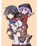  2girls black_hair black_headwear bowl bowl_hat carrying dress hat highres horns japanese_clothes kijin_seija kimono looking_at_viewer multiple_girls needle_sword piggyback purple_hair red_eyes red_hair red_kimono sandals shinmon_akika short_hair short_sleeves simple_background smile socks standing sukuna_shinmyoumaru touhou white_dress white_hair white_socks yellow_background 