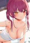  1girl bangs bent_over blush breasts cleavage crop_top grin heterochromia highres hololive houshou_marine itohana long_hair looking_at_viewer medium_breasts navel red_eyes red_hair shirt smile solo steam strap_slip sweat twintails virtual_youtuber white_shirt yellow_eyes 