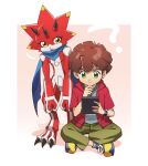  anthro bandai_namco betelgammamon brown_hair claws codpiece confusion digimon digimon_ghost_game duo f0nf0n green_eyes hair hiro_amanokawa horn human male mammal question_mark red_body scalie scarf tablet yellow_eyes 